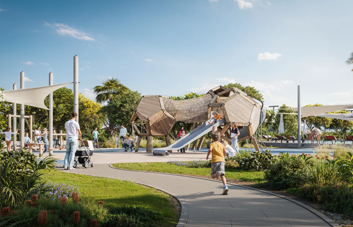 Landscaped family recreation and play area